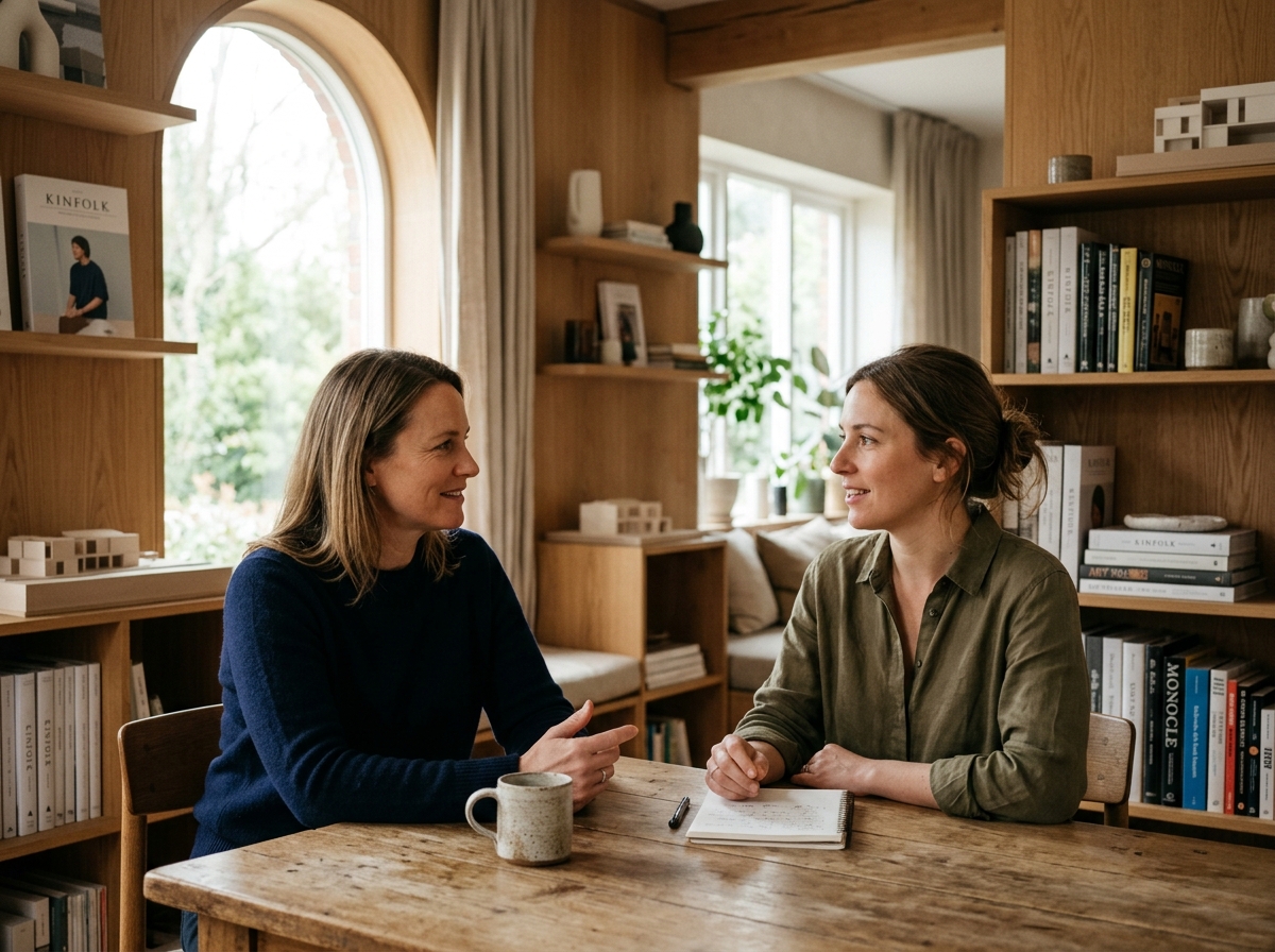 Two senior talent advisors in a thoughtful discussion in a sunlit architectural studio