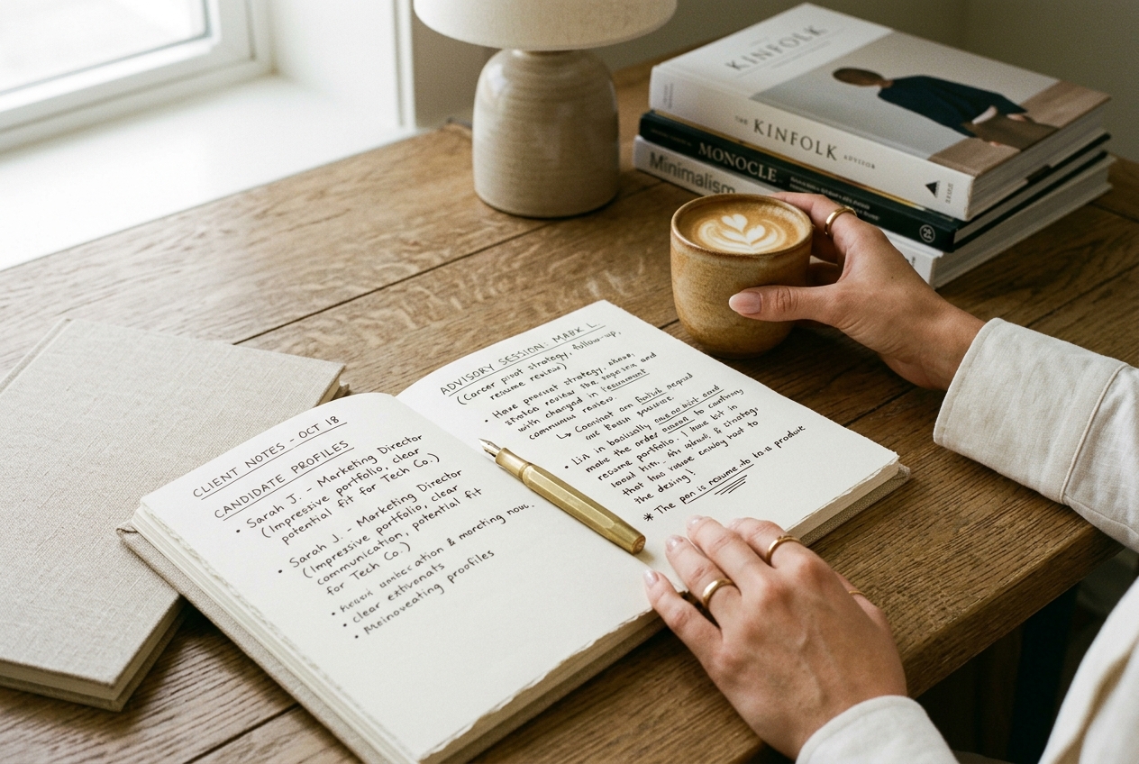 Hands reviewing candidate notes and handwritten observations in an open linen notebook