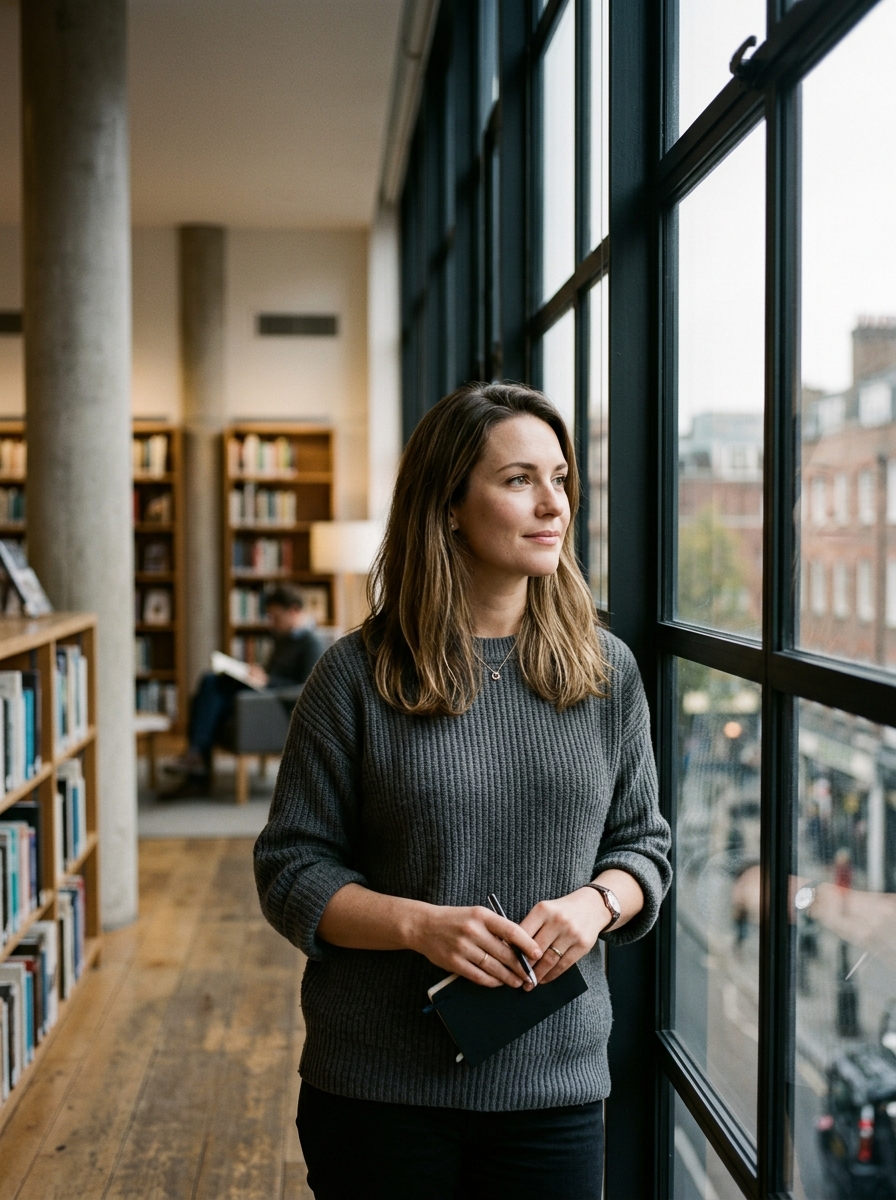 Editorial portrait of a senior candidate in a sunlit architectural studio